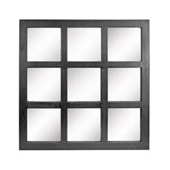 Stonebriar Square Rustic 9 Panel Window Pane Wall Mirror With Black Painted Wood Finish And Attached Mounting Brackets, 23.5" X 23.5"
