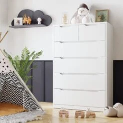 EnHomee 6 Drawer Dresser, Tall Dresser For Bedroom With 6 Wood Drawers And Smooth Metal Rail, Large Wood Dressers & Chest Of Drawers For Bedroom Living Room Closet, 43.3" Hx 27.5" W X 15.7" D, White -Songmics Furniture Shop 41uJMqcoQ4L