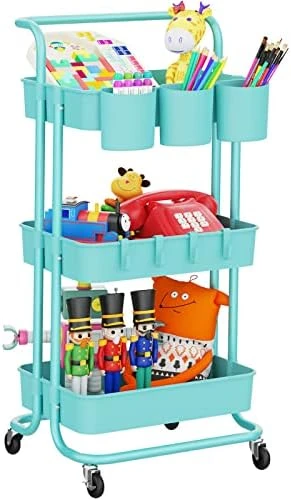 LEHOM 3-Tier Rolling Utility Cart With Hanging Cups & Hooks & Handle, Multifunctional Art Cart Organizer Storage With Wheels, Easy Assembly For Office, Bedroom, Kitchen, Bathroom, Laundry (White) 8 LEHOM 3-Tier Rolling Utility Cart With Hanging Cups & Hooks & Handle, Multifunctional Art Cart Organizer Storage With Wheels, Easy Assembly For Office, Bedroom, Kitchen, Bathroom, Laundry (White) - Image 8