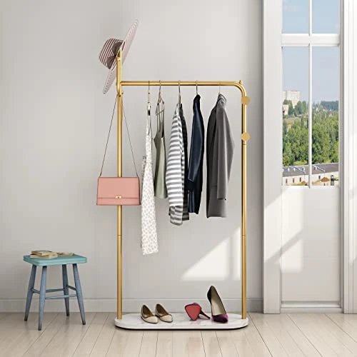 Metal Coat Rack Freestanding With Natural Marble Base, Entryway Coats Hanger Stand With 3 Hooks, Home Hotel Hall Tree-Gold 1 Metal Coat Rack Freestanding With Natural Marble Base, Entryway Coats Hanger Stand With 3 Hooks, Home Hotel Hall Tree-Gold