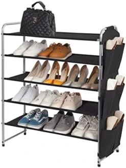 STORAGE MANIAC 5 Tier Shoe Rack With 6 Side Pockets, 23-Pairs Metal Shoes Organizer Free Standing Compact Shoe Storage Organizer Shoe Shelf For Closet Bedroom Entryway Hallway, Grey -Songmics Furniture Shop 41ukahtIzoL. AC