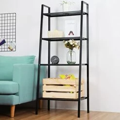WillingHeart Ladder Shelf 4-Tier Bookshelf Plant Flower Stand Storage Rack Industrial Organizer Modern Shelves Shelving Bookcase Iron Stable Metal Frame Furniture Home For Living Room Kitchen Office