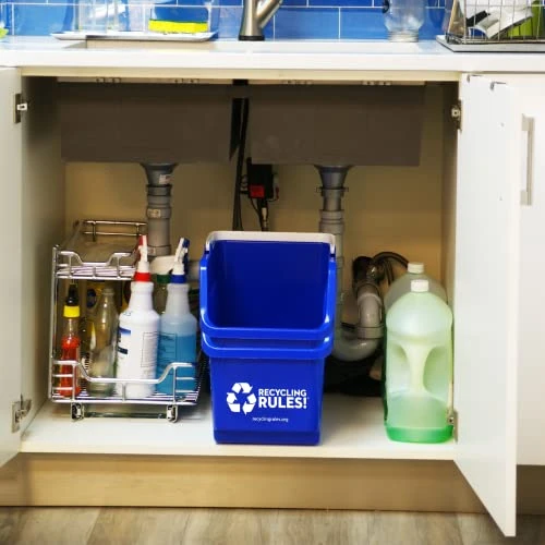 Recycling Rules! 6 Gallon Stackable Recycling Bin Container In Blue, Eco-Friendly BPA-Free Handy Recycler With Handle, 2-Pack 4 Recycling Rules! 6 Gallon Stackable Recycling Bin Container In Blue, Eco-Friendly BPA-Free Handy Recycler With Handle, 2-Pack - Image 4