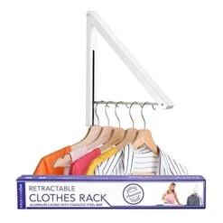 Stock Your Home Single Foldable Clothing Rack, Wall-Mounted Retractable Clothes Hanger For Laundry Dryer Room, Hanging Drying Rod, Small Collapsible Folding Garment Racks, Dorm Accessories (White)