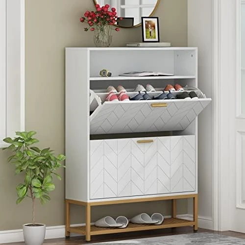 Loomie Shoe Cabinet, Free Standing Tipping Bucket Shoe Rack Organizer With 2 Flip Drawers,Entryway Narrow Shoe Storage With Storage Shelf & Top Cubby,Modern Slim Hidden Shoe Cabinet With Doors (Black) 8 Loomie Shoe Cabinet, Free Standing Tipping Bucket Shoe Rack Organizer With 2 Flip Drawers,Entryway Narrow Shoe Storage With Storage Shelf & Top Cubby,Modern Slim Hidden Shoe Cabinet With Doors (Black) - Image 8