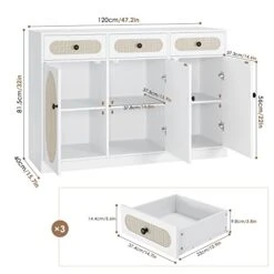 FOTOSOK Buffet Cabinet, Rattan Kitchen Cabinet With 3 Doors And 3 Drawers, Sideboard With Storage And Adjustable Shelves, Rattan Buffet Table For Kitchen Dining Room Living Room Hallway
