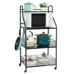 4 Tier Rolling Bakers Rack With Storage 5 S Hooks, Kitchen Rolling Utility Cart With Shelves Wire Basket, Kitchen Serving Bar Cart, Microwave Oven Stand Fruit Vegetable Spice Organizer Rack-Black