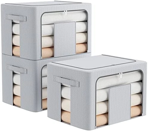 FAikhom 3 Pack Stackable Storage Bins- Foldable Metal Frame Storage Box Stackable Fabric Clothes Container Organizer With Clear Window & Carry Handles (22L, Black) 10 FAikhom 3 Pack Stackable Storage Bins- Foldable Metal Frame Storage Box Stackable Fabric Clothes Container Organizer With Clear Window & Carry Handles (22L, Black) - Image 10