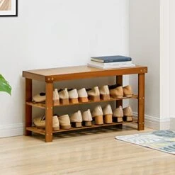 MoNiBloom Bamboo Shoe Bench, 2 Tiers Boots Heels Sneaker Organizer Rack Changing Stool With Seat For Hallway, Entryway, Living Room - Brown (6-8 Pairs) -Songmics Furniture Shop 41voi0rqV4L