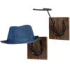MyGift Wall Mounted Rustic Sold Burnt Wood Hat Holder Display Rack With Cast Iron Horseshoe Design, Decorative Western Style Cowboy Hat, Coat Hanger, Set Of 2