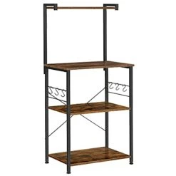 VASAGLE Kitchen Storage, Bakers Rack, Coffee Bar, 3-Tier Shelf, 6 S-Hooks, For Microwave, Spice Jars, Pots And Pans, Industrial, Rustic Brown And Black UKKS023B01