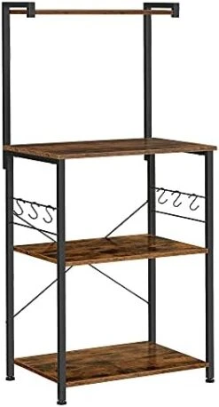 VASAGLE Kitchen Storage, Bakers Rack, Coffee Bar, 3-Tier Shelf, 6 S-Hooks, For Microwave, Spice Jars, Pots And Pans, Industrial, Rustic Brown And Black UKKS023B01 -Songmics Furniture Shop 41vtbtDvKzS. AC