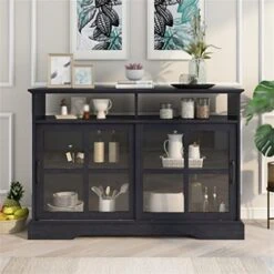 Kitchen Sideboard Buffet With 2 Glass Sliding Doors And Adjustable Shelves Storage Cabinet For Dining Room