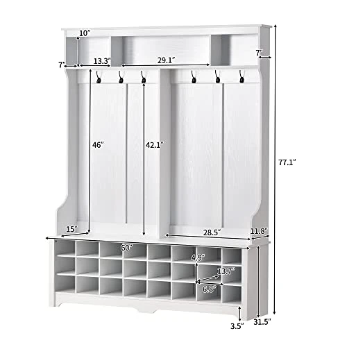 Wide Hall Tree And Shoe Storage Bench With 24 Shoe Cubbies, Wooden Hallway Coat Rack With 6 Double Hooks For Mudroom Organization Entryway Bench, White 1 Wide Hall Tree And Shoe Storage Bench With 24 Shoe Cubbies, Wooden Hallway Coat Rack With 6 Double Hooks For Mudroom Organization Entryway Bench, White