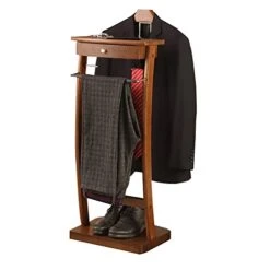 QQXX Wood Valet Stand Wardrobe Valet,freestanding Suit Valet Stand With Drawer And Tray,Valet Contour Hanger Trouser Shoe Rack Tie & Belt Stand Organizer Clothing Organizer For Men & Women