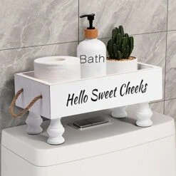 BS-VOG Bathroom Decor Box, Raised Wood Toilet Tank Basket For Toilet Paper With Funny Signs On 2 Sides For Back Of Toilet, Farmhouse Tank Topper Storage Organizer Tray For Rustic Home Decor (Black) -Songmics Furniture Shop 41wMmqSC7mL. AC
