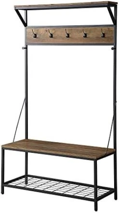BELLEZE Modern Industrial Bench Hall Tree, Entryway Storage Bench Shoe Rack, Hat And Coat Stand Accent Furniture With Black Metal Frame - Lexie (Rustic Oak) -Songmics Furniture Shop 41wYZD1yqhL. AC