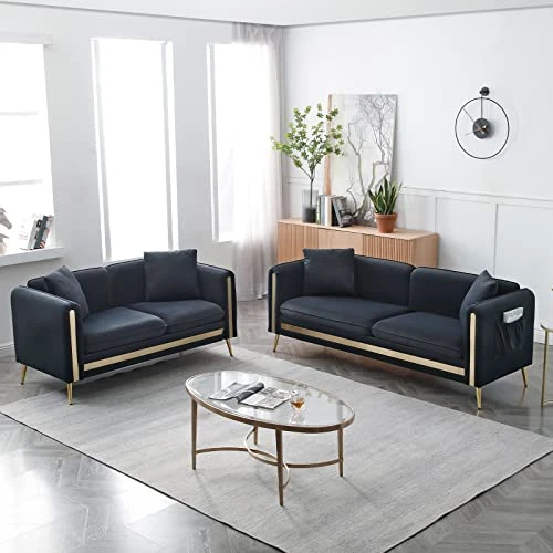 CALABASH 2 Piece Living Room Furniture Sets, Modern Tufted Velvet Sofa Couch And Loveseat With Removable Cushions Side Pocket And 4 Pillows For Bedroom Apartment(Black, 2+3 Seat) 1 CALABASH 2 Piece Living Room Furniture Sets, Modern Tufted Velvet Sofa Couch And Loveseat With Removable Cushions Side Pocket And 4 Pillows For Bedroom Apartment(Black, 2+3 Seat)