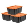 IRIS USA 27 Gallon Heavy-Duty Plastic Storage Tote With Lids, Storage Plastic Bin Organizer Container With Durable Lid, Black/Orange, 3 Pack
