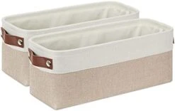 DULLEMELO 2-Pack Bathroom Baskets For Toilet, Small Storage Bins For Organizing Closets, Cabinets, Shelves, Canvas Fabric Storage Basket Bins With Leather Handles For Empty Gift Basket (White&Khaki) -Songmics Furniture Shop 41wdtymQqpL. AC