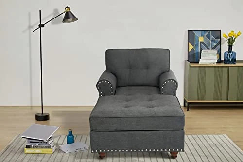 Payeel Chaise Lounge Indoor Living Room Sleeper Chair 59" Tufted Leisure Upholstered Modern Couch Bed With Backrest Armrests Comfy Single Sofa Bed For Home Office (Dark Gray) 2 Payeel Chaise Lounge Indoor Living Room Sleeper Chair 59" Tufted Leisure Upholstered Modern Couch Bed With Backrest Armrests Comfy Single Sofa Bed For Home Office (Dark Gray) - Image 2