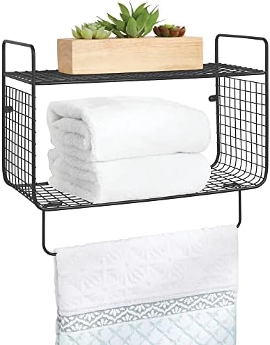 MDesign Steel Wall Mount Storage Organizer Shelf Rack With Towel Bar - Mounted Shelves For Bathroom, Laundry Room, Kitchen, Garage - Basket For Hand Towels, Washcloth - Concerto Collection - White 5 MDesign Steel Wall Mount Storage Organizer Shelf Rack With Towel Bar - Mounted Shelves For Bathroom, Laundry Room, Kitchen, Garage - Basket For Hand Towels, Washcloth - Concerto Collection - White - Image 5