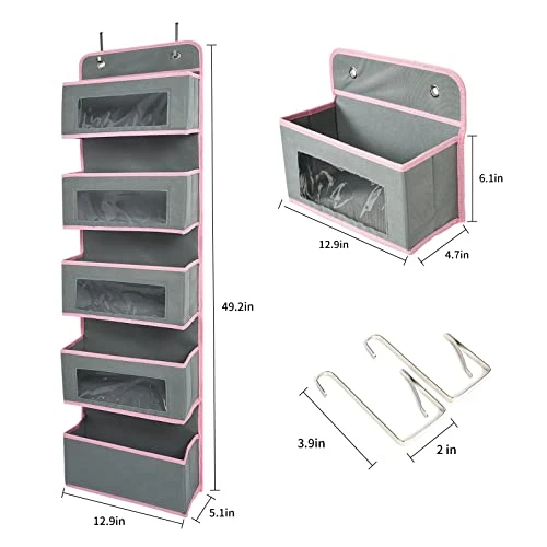 Vercord Door Hanging Organizer Storage Wall Mount Organization Foldable Hanging Shelves Kids Toy 5 Pocket 4 Clear Window With Metal Hook Grey 2 Vercord Door Hanging Organizer Storage Wall Mount Organization Foldable Hanging Shelves Kids Toy 5 Pocket 4 Clear Window With Metal Hook Grey - Image 2