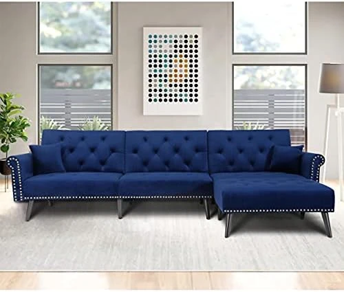 Convertible Sectional Sofa Bed, L-Shaped Reversible Reclining Velvet Sofa With 3 Seats And Pillows For Living Room Small Apartment Spaces Furniture Set (Blue) 5 Convertible Sectional Sofa Bed, L-Shaped Reversible Reclining Velvet Sofa With 3 Seats And Pillows For Living Room Small Apartment Spaces Furniture Set (Blue) - Image 5