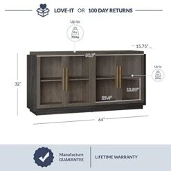 BELLEZE Sideboard Buffet Cabinet, Modern Wood Glass-Buffet-Sideboard With Storage, Console Table For Kitchen, Dinning Room, Living Room, Hallway, Or Entrance - Brixston (Brown)