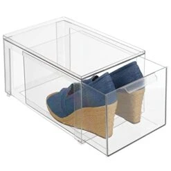 MDesign Plastic Stackable Closet Storage Organizer Bins With Pull Out Drawer For Cabinet, Desk, Shelf, Cupboard, Or Dresser Organization - Lumiere Collection - 2 Pack - Clear