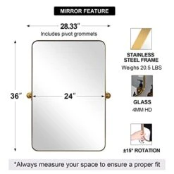 MOON MIRROR 24" X 36" Brushed Gold Metal Framed Pivot Rectangle Bathroom Mirror For Wall, Tilting Rounded Corner Rectangular Vanity Mirror Hangs Vertical Only -Songmics Furniture Shop 41x6DAdrMAL