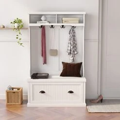 RASOO Hall Tree With Storage Bench And Coat Rack With 4 Double Hooks And Anti-Topple Anchor Shoe Storage Bench With Adjustable Shoe Cabinet Shelves, White 40.16"X18.5"X64.57"