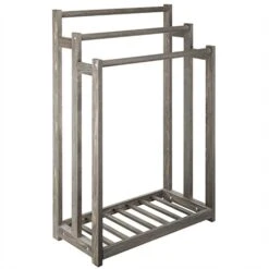 MyGift Freestanding Vintage Gray Wood Towel Rack Stand With 3 Tier Bath Towel Bar And Bottom Storage Shelf