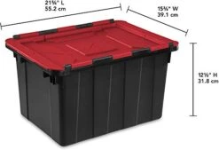 Sterilite 14619006 12 Gallon/45 Liter Hinged Lid Industrial Tote, Racer Red Lid W/ Black Base, 6-Pack