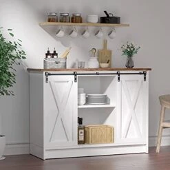 Farmhouse Coffee Bar Cabinet, 42’’ Kitchen Buffet Sideboard Cabinet With Storage, White Coffee Bar Buffet Cabinet With Sliding Barn Door, Coffee Bar Table With Adjustable Shelf For Living Dining Room -Songmics Furniture Shop 41xbq03tZ0L