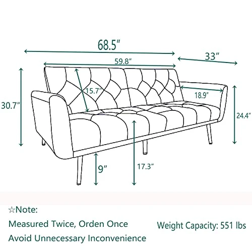 Morden Fort Velvet Futon Sofa Bed For Living Room, 68" Convertible 3 Adjustable Couch Loveseat With Metal Leg Grey 3 Morden Fort Velvet Futon Sofa Bed For Living Room, 68" Convertible 3 Adjustable Couch Loveseat With Metal Leg Grey - Image 3