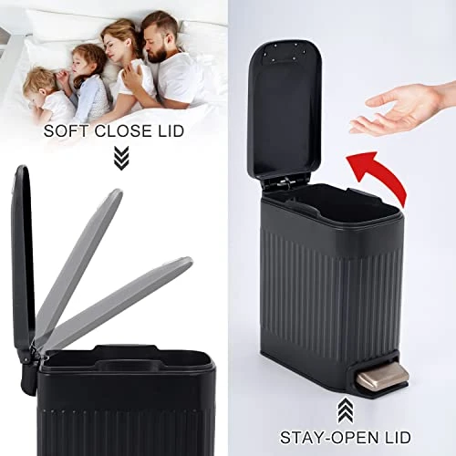 CEROELDA Small Bathroom Trash Can With Plastic Lid, 6L/1.6 Gal Stainless Steel Slim Garbage Can-Metal Wastebasket-Rectangle Pedal Step Trash Bin -for Narrow Kitchen Bedroom Office Toilet-Black 3 CEROELDA Small Bathroom Trash Can With Plastic Lid, 6L/1.6 Gal Stainless Steel Slim Garbage Can-Metal Wastebasket-Rectangle Pedal Step Trash Bin -for Narrow Kitchen Bedroom Office Toilet-Black - Image 3