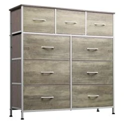 WLIVE 9-Drawer Dresser, Fabric Storage Tower For Bedroom, Hallway, Nursery, Closet, Tall Chest Organizer Unit With Fabric Bins, Steel Frame, Wood Top, Easy Pull Handle, Greige