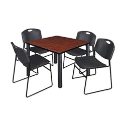 Kee 36" Square Breakroom Table- Cherry/ Black & 4 Zeng Stack Chairs- Black