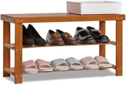 MoNiBloom Bamboo Shoe Bench, 2 Tiers Boots Heels Sneaker Organizer Rack Changing Stool With Seat For Hallway, Entryway, Living Room - Brown (6-8 Pairs) -Songmics Furniture Shop 41xmQHEnG5L. AC