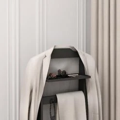 Veemuaro Portable Garment Rack, Wood Suit Valet Stand Clothes Rack, Suit Wardrobe Valet Stand With Contour Hanger And Tray & Tie Hook And Shoe Rack - Black -Songmics Furniture Shop 41xyfalnlkL