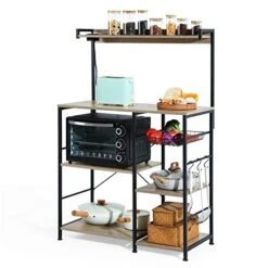 Evajoy Baker’s Rack With Power Outlet, 6-Tier Kitchen Storage Rack, Coffee Bar With Storage Basket, Microwave Oven Stand With 6 S-Hooks, Table Organizer With Top Shelf, For Spices, Pots, Pans