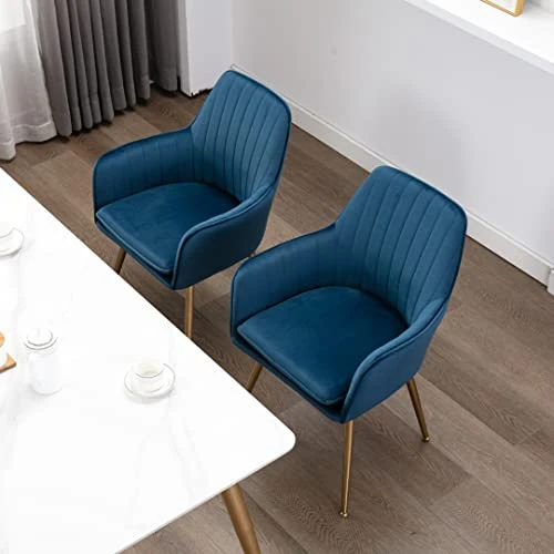 Ceedment Modern Living Dining Room Accent Arm Chairs Club Guest With Gold Metal Legs (2, Blue) 2 Ceedment Modern Living Dining Room Accent Arm Chairs Club Guest With Gold Metal Legs (2, Blue) - Image 2