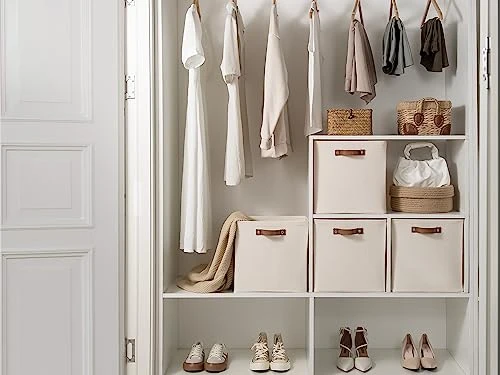 StorageWorks 13x13 Storage Cubes, Collapsible Storage Bins Organizer For Closet, Fabric Storage Box With PU Handles, Beige, 4-Pack 5 StorageWorks 13x13 Storage Cubes, Collapsible Storage Bins Organizer For Closet, Fabric Storage Box With PU Handles, Beige, 4-Pack - Image 5