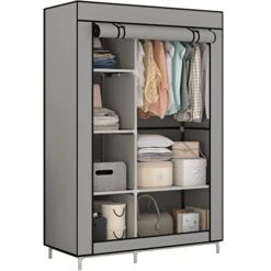 Calmootey Closet Storage Organizer,Portable Wardrobe With 6 Shelves And Clothes Rod,Non-Woven Fabric Cover With 4 Side Pockets,Grey