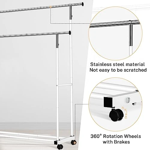 VICERII Double Clothing Rack, 55.51 Inch Garment Rack With Wheels And Bottom Shelf, 130LB Capacity Heavy Duty Rolling Clothes Racks For Hanging Clothes, Coats, Shirts, Sweaters, Skirts, White 4 VICERII Double Clothing Rack, 55.51 Inch Garment Rack With Wheels And Bottom Shelf, 130LB Capacity Heavy Duty Rolling Clothes Racks For Hanging Clothes, Coats, Shirts, Sweaters, Skirts, White - Image 4