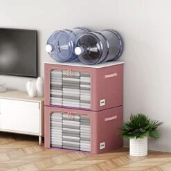 3 Pack Clothes Storage Box - Oxford Foldable Stackable Container Organizer Set For Clothing Fabric Frame Storage Bin Bags With Clear Window And Double Handles (66L, Red) -Songmics Furniture Shop 41ykWqFMHQL