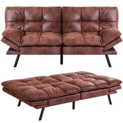 IULULU Brown Memory Foam Futon Couch Bed, Modern Folding Sleeper Sofa With Quick Adjustable Armrest And Backrest For Studio Apartment, Dorm, Living, Guest Room, Home Office