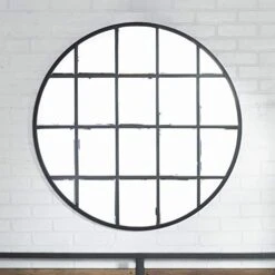 Walker Edison Modern Farmhouse Round Circle Grid Wall Mirror Vanity Bathroom Bedroom Entryway, 40 Inch, Black