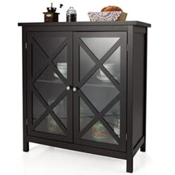 LOKO Buffet Cabinet, Kitchen Storage Cabinet With Tempered Glass Doors & Adjustable Shelves, Sideboard Cabinet Liquor Cabinet For Kitchen, Living Room, 35.5 X 15.5 X 38 Inches (Brown)